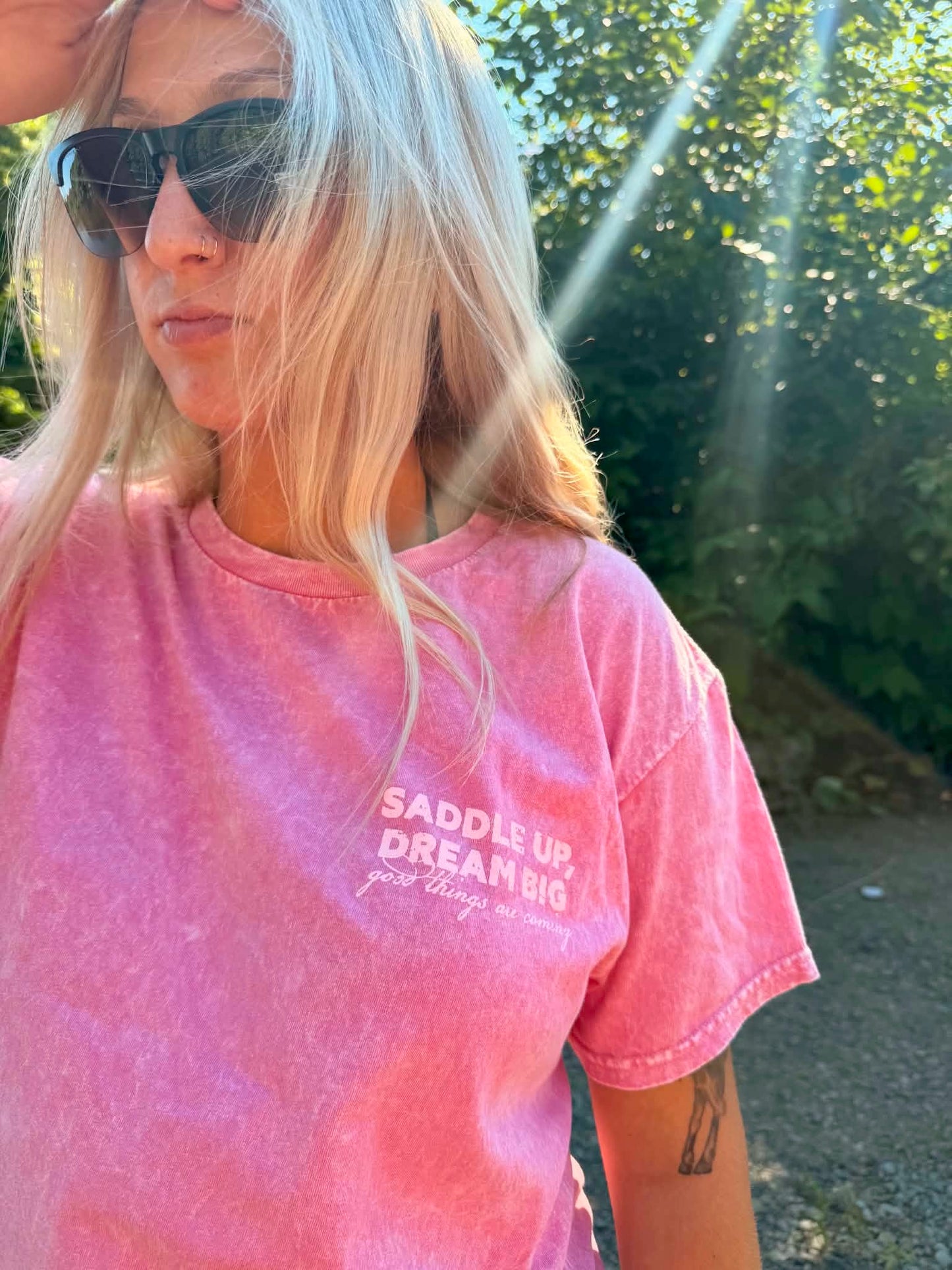Saddle Up Dream Big Cowboy Western Pink Mineral Tee