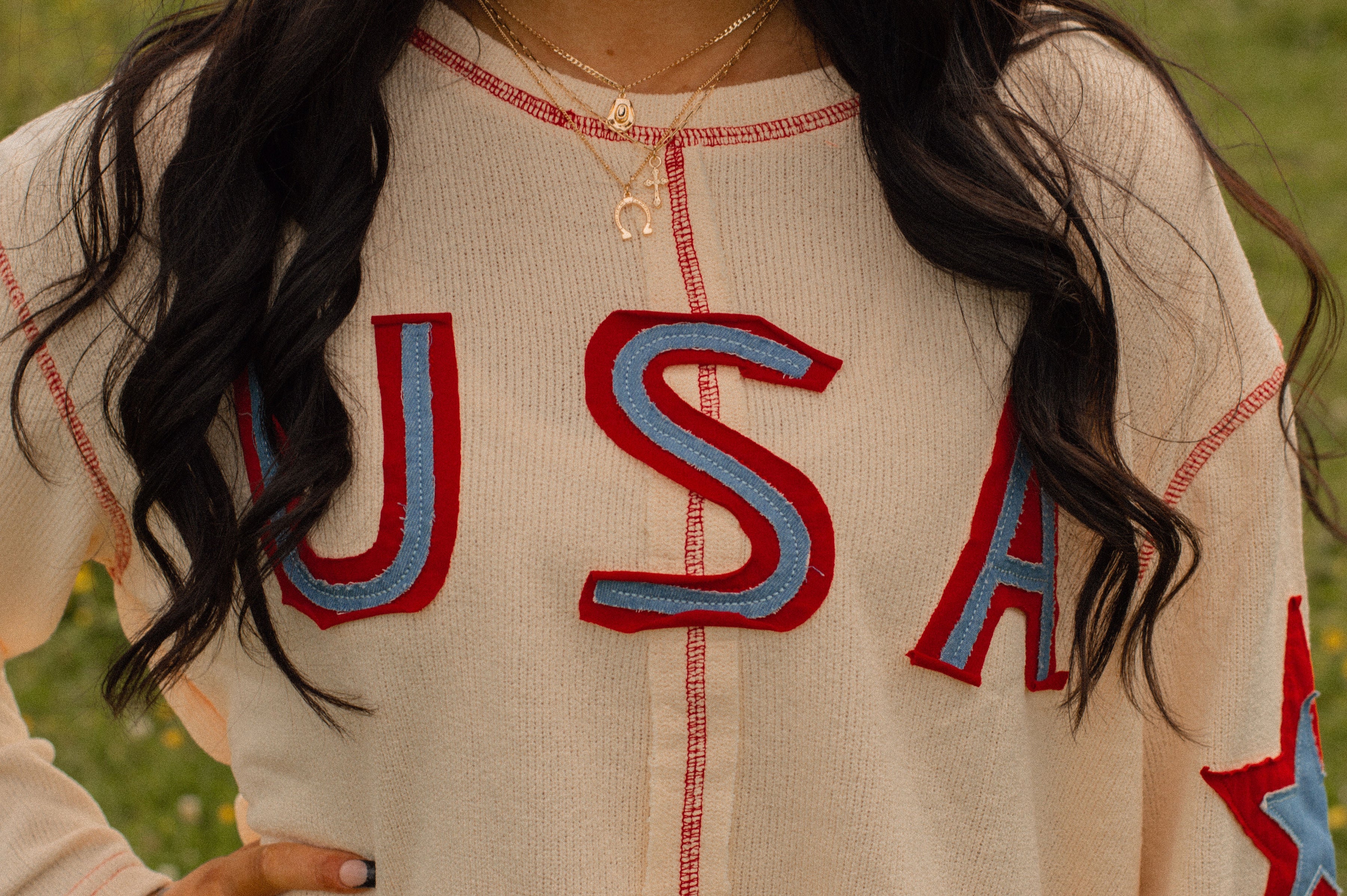 Beige USA Star Contrast Patchwork Exposed Seam Long Sleeve Top