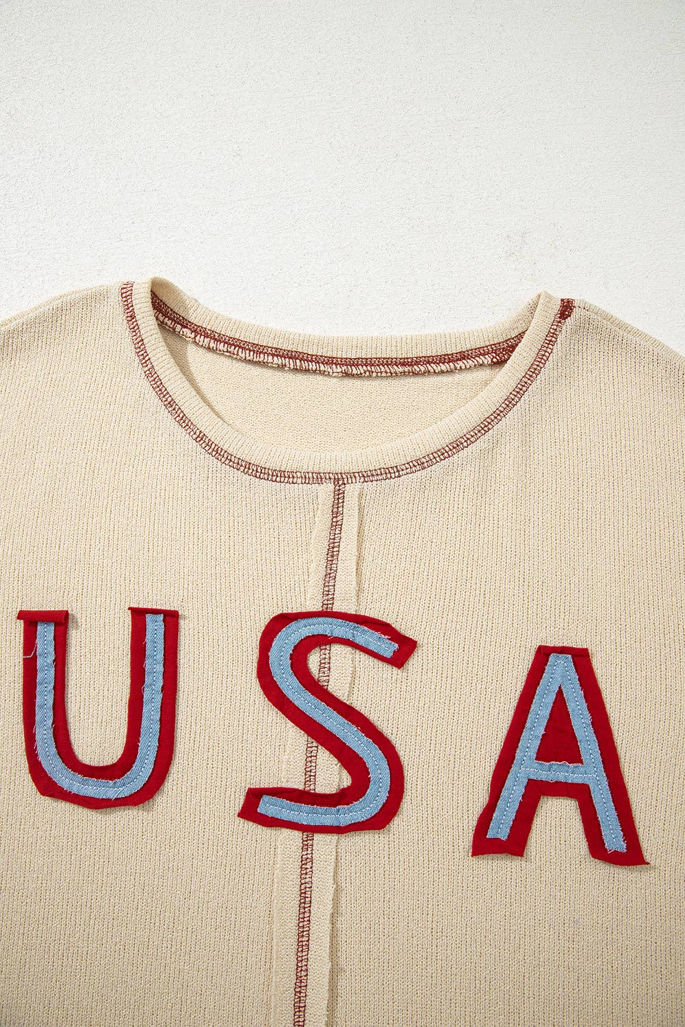 Beige USA Star Contrast Patchwork Exposed Seam Long Sleeve Top