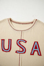 Beige USA Star Contrast Patchwork Exposed Seam Long Sleeve Top