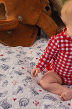 Red Gingham Long Sleeve One Piece Rash Guard Swimsuit