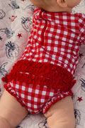 Red Gingham Long Sleeve One Piece Rash Guard Swimsuit