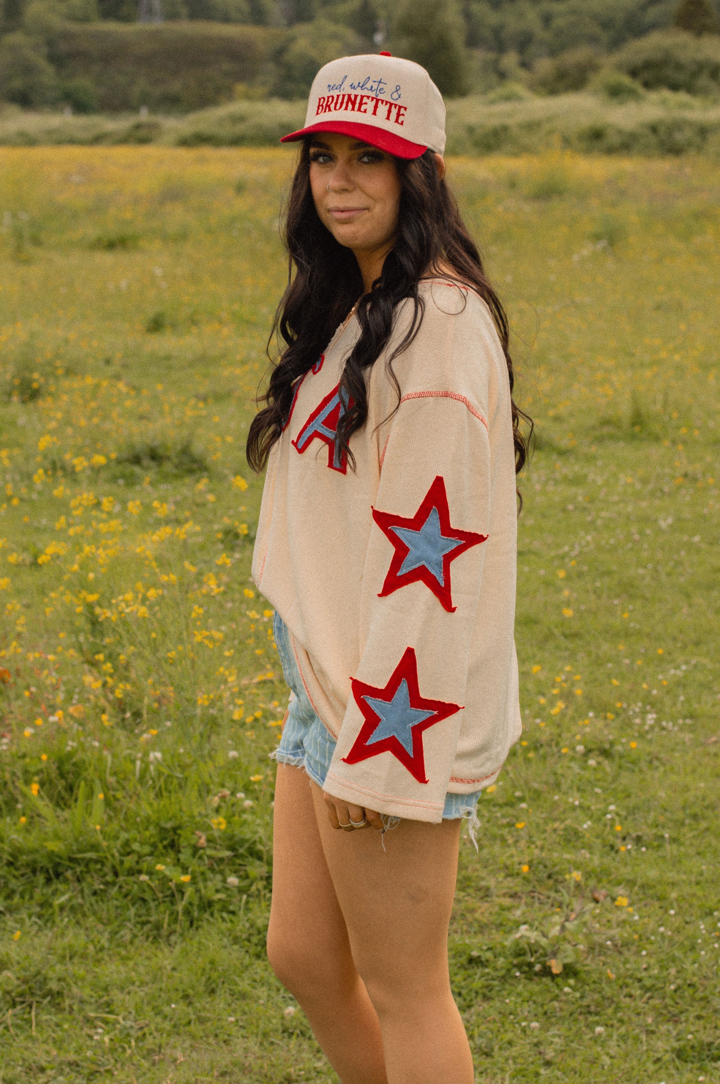 Beige USA Star Contrast Patchwork Exposed Seam Long Sleeve Top