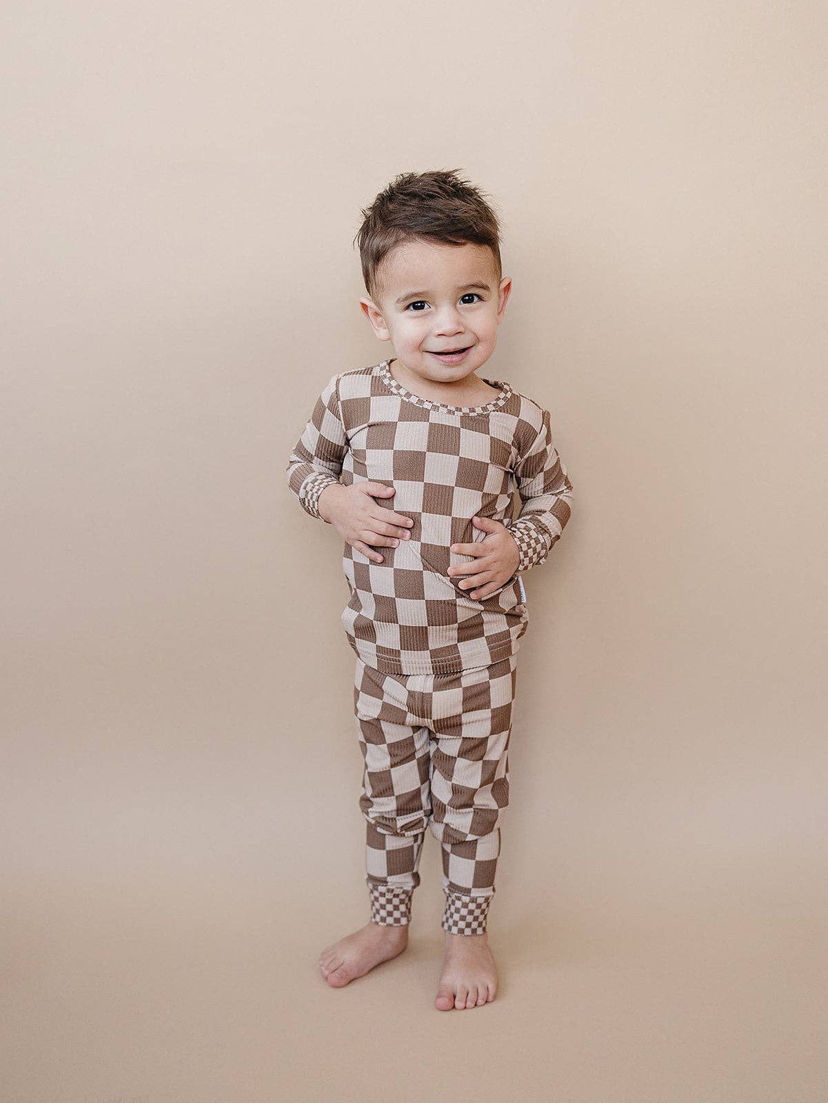 Ribbed Bamboo Two Piece Set | Latte Checkered