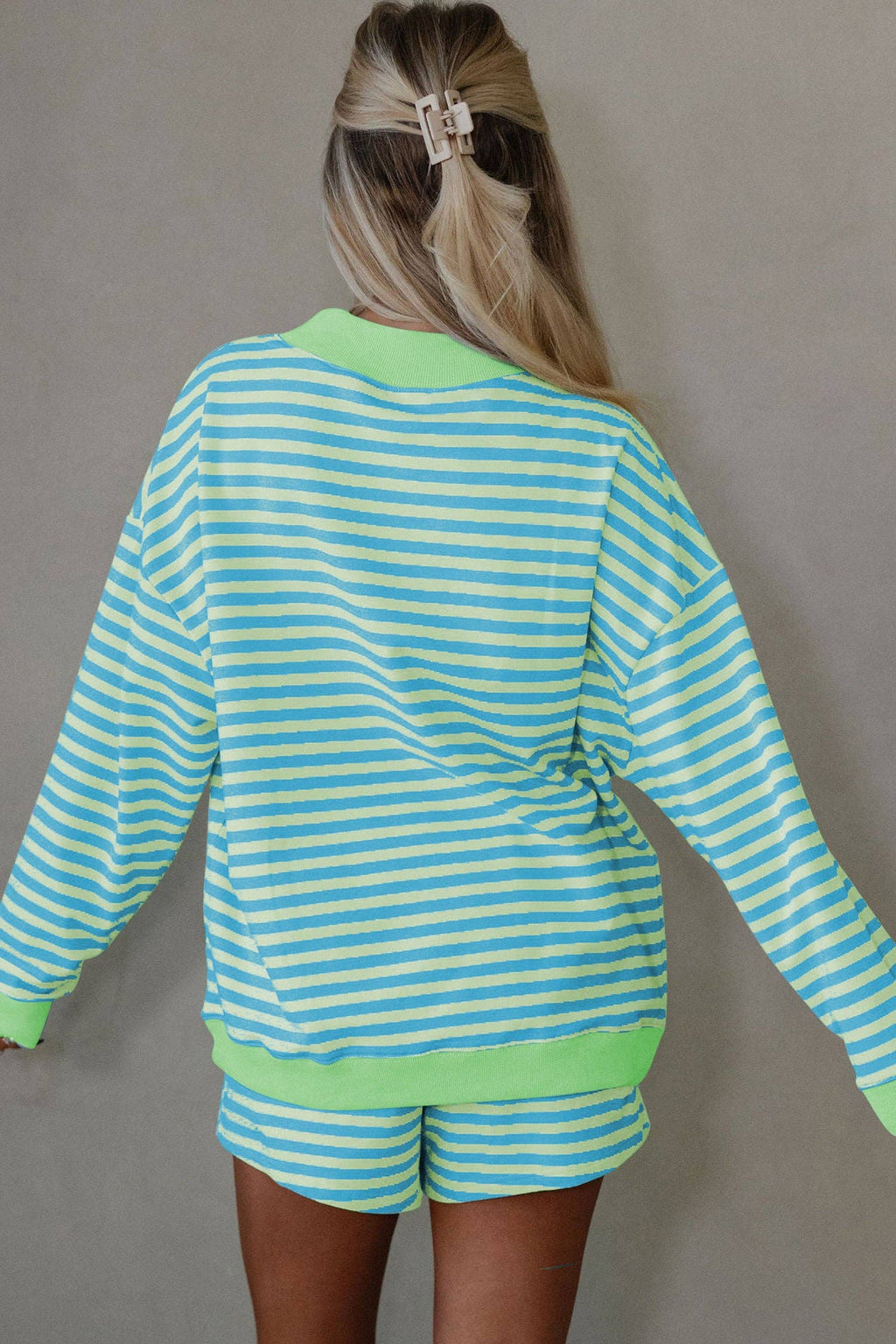 Striped Color Block Detail Long Sleeve + Shorts 2pcs Set