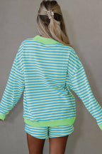Striped Color Block Detail Long Sleeve + Shorts 2pcs Set