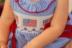 Girls 4th of July Plaid Romper Bow Smocked Embroidery