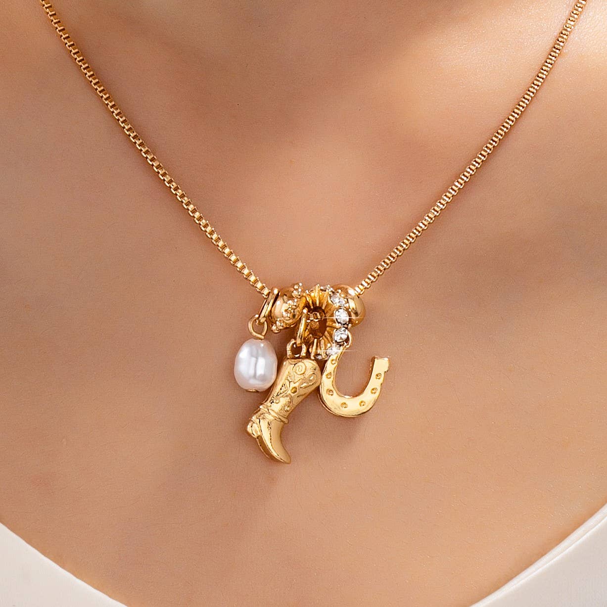 Western Boot Horseshoe Pearl Charm Necklace