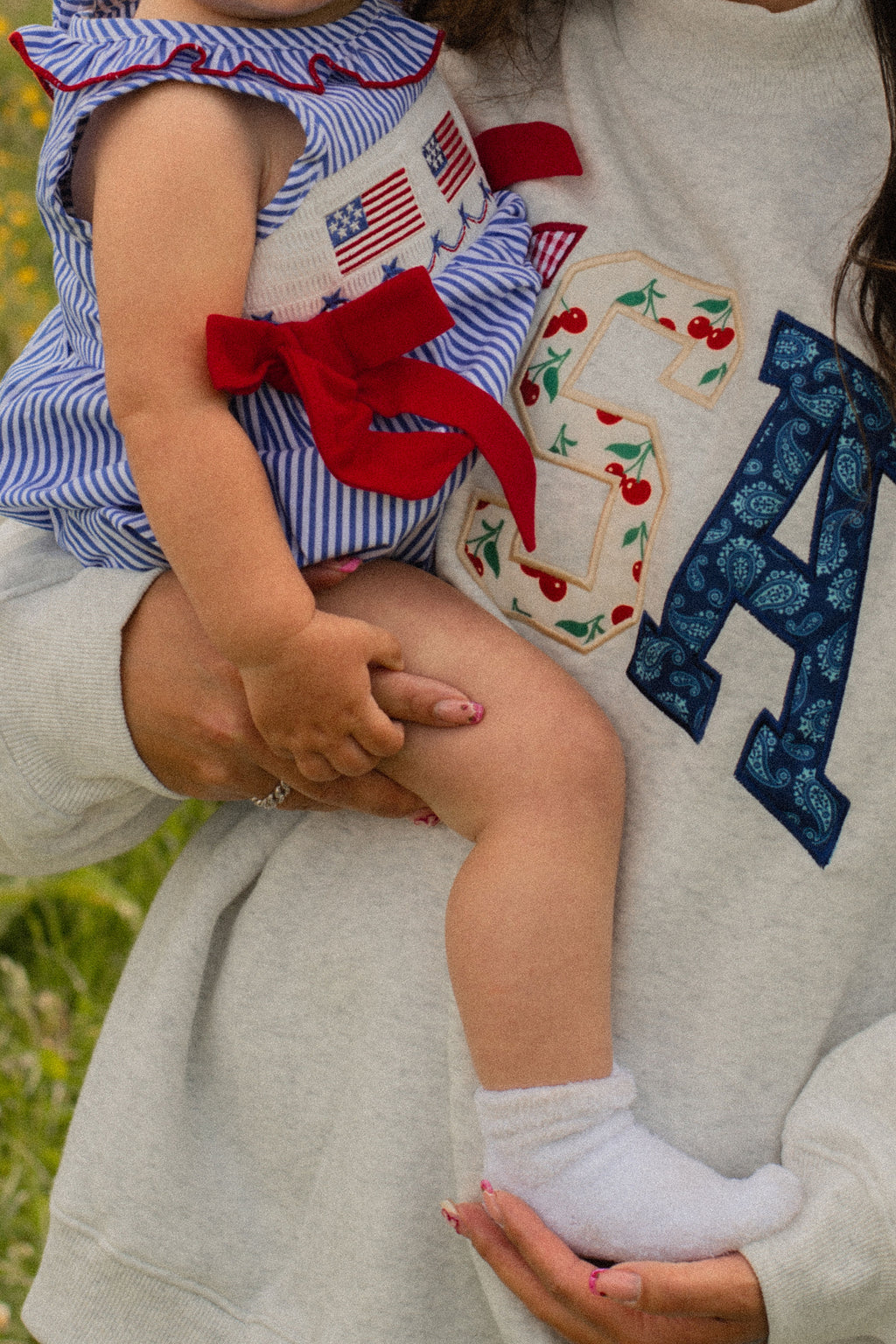 Girls 4th of July Plaid Romper Bow Smocked Embroidery