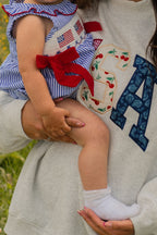 Girls 4th of July Plaid Romper Bow Smocked Embroidery