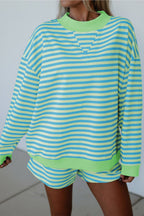 Striped Color Block Detail Long Sleeve + Shorts 2pcs Set