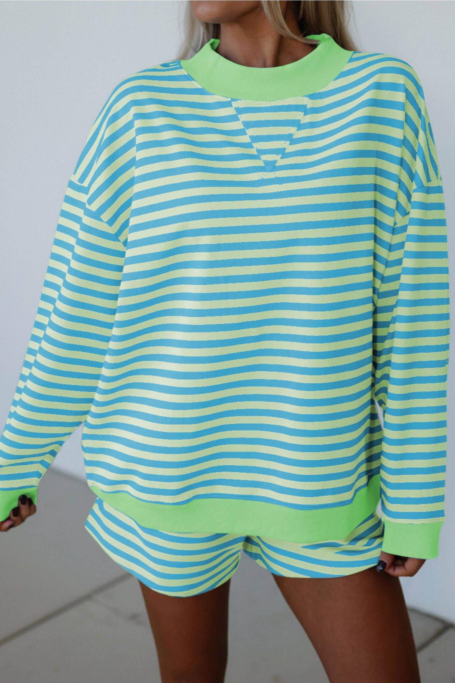 Striped Color Block Detail Long Sleeve + Shorts 2pcs Set