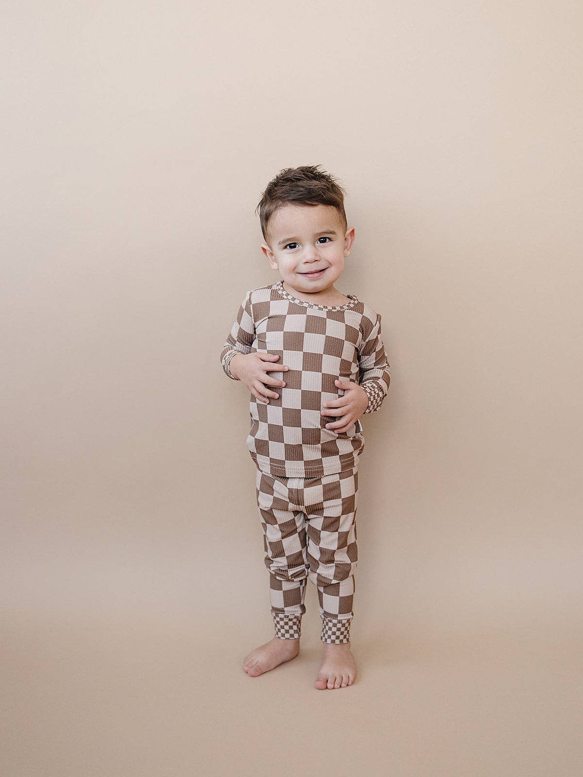 Ribbed Bamboo Two Piece Set | Latte Checkered