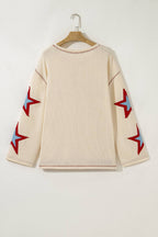 Beige USA Star Contrast Patchwork Exposed Seam Long Sleeve Top