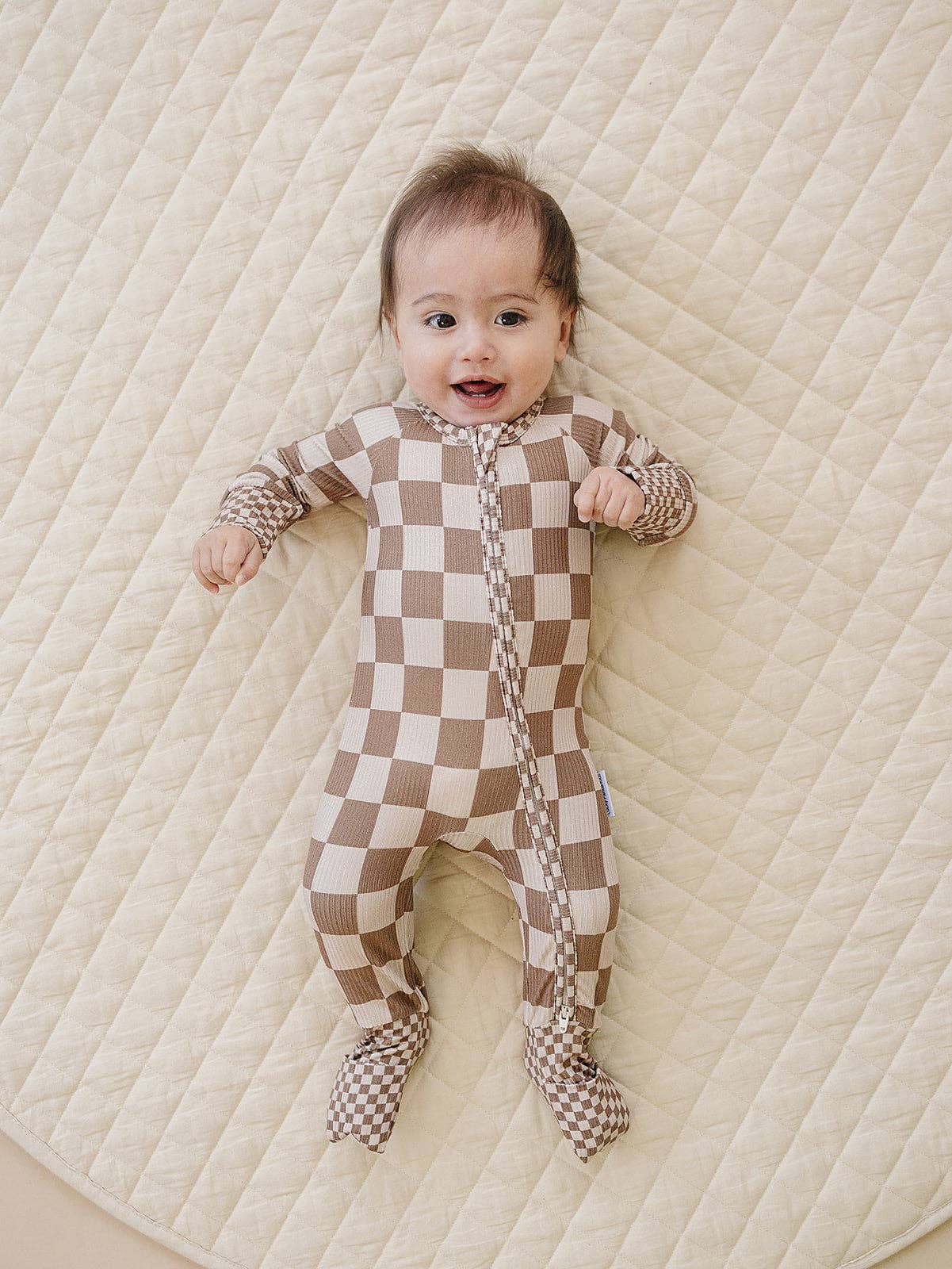 Ribbed Bamboo Zip Romper | Latte Checkered