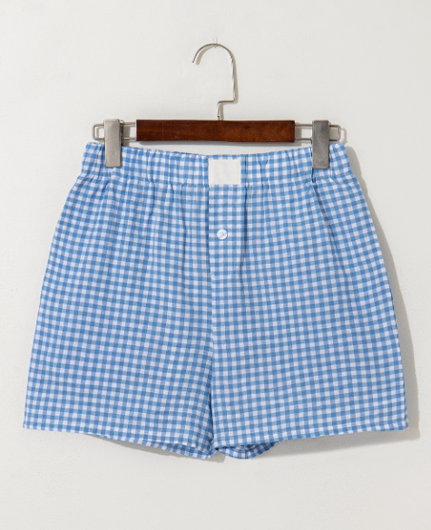 Blue Gingham Printed High Waist Shorts