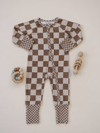 Ribbed Bamboo Zip Romper | Latte Checkered