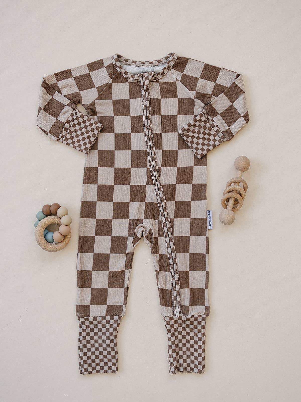 Ribbed Bamboo Zip Romper | Latte Checkered
