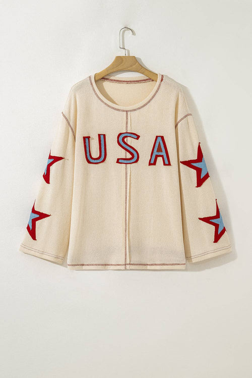 Beige USA Star Contrast Patchwork Exposed Seam Long Sleeve Top
