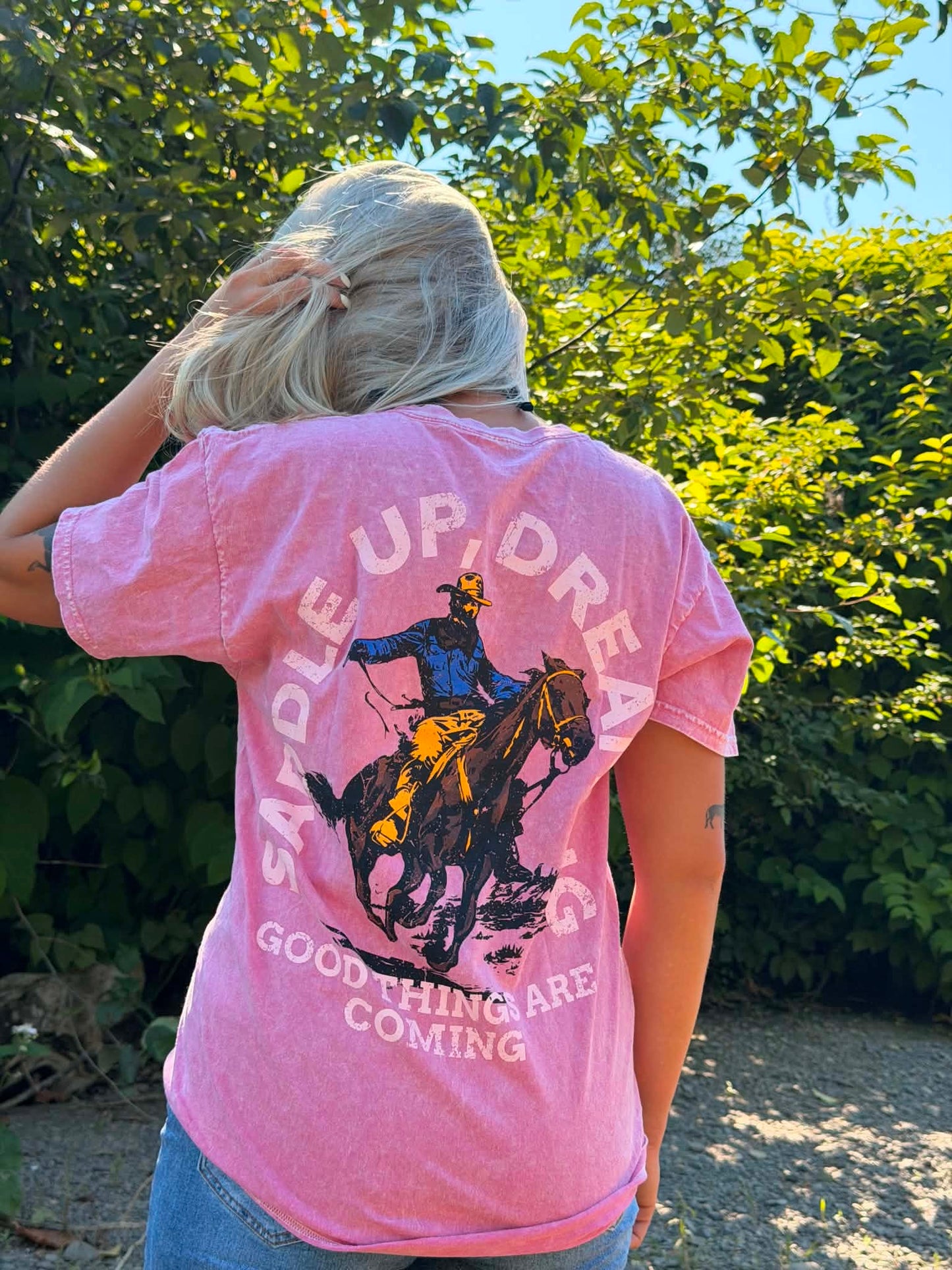 Saddle Up Dream Big Cowboy Western Pink Mineral Tee