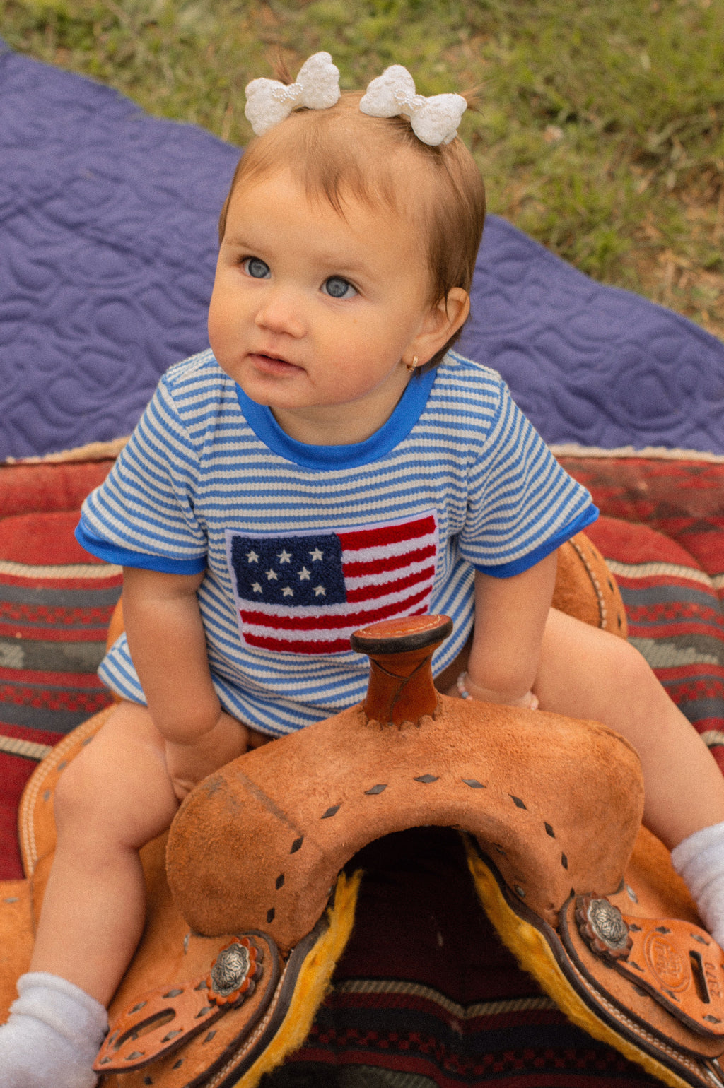 4th of July Flag Chenille Baby Boy Romper Blue Stripe
