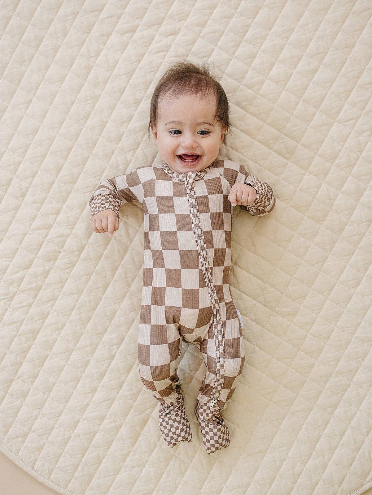Ribbed Bamboo Zip Romper | Latte Checkered