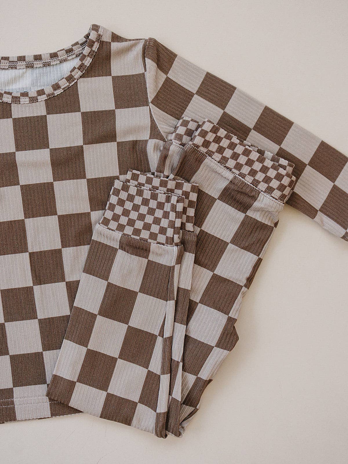 Ribbed Bamboo Two Piece Set | Latte Checkered