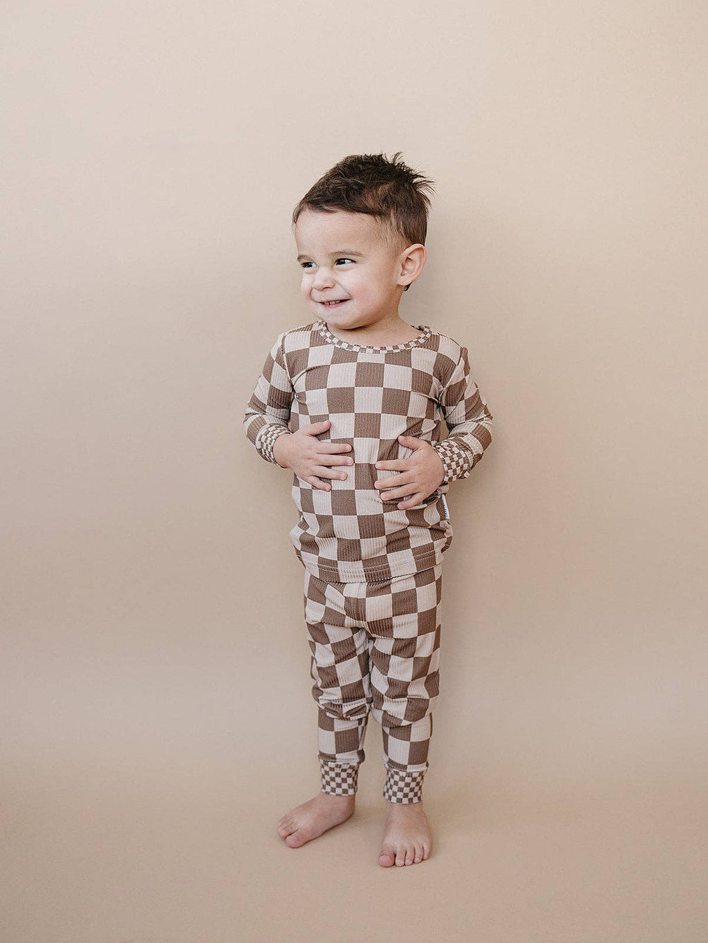 Ribbed Bamboo Two Piece Set | Latte Checkered