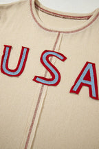 Beige USA Star Contrast Patchwork Exposed Seam Long Sleeve Top
