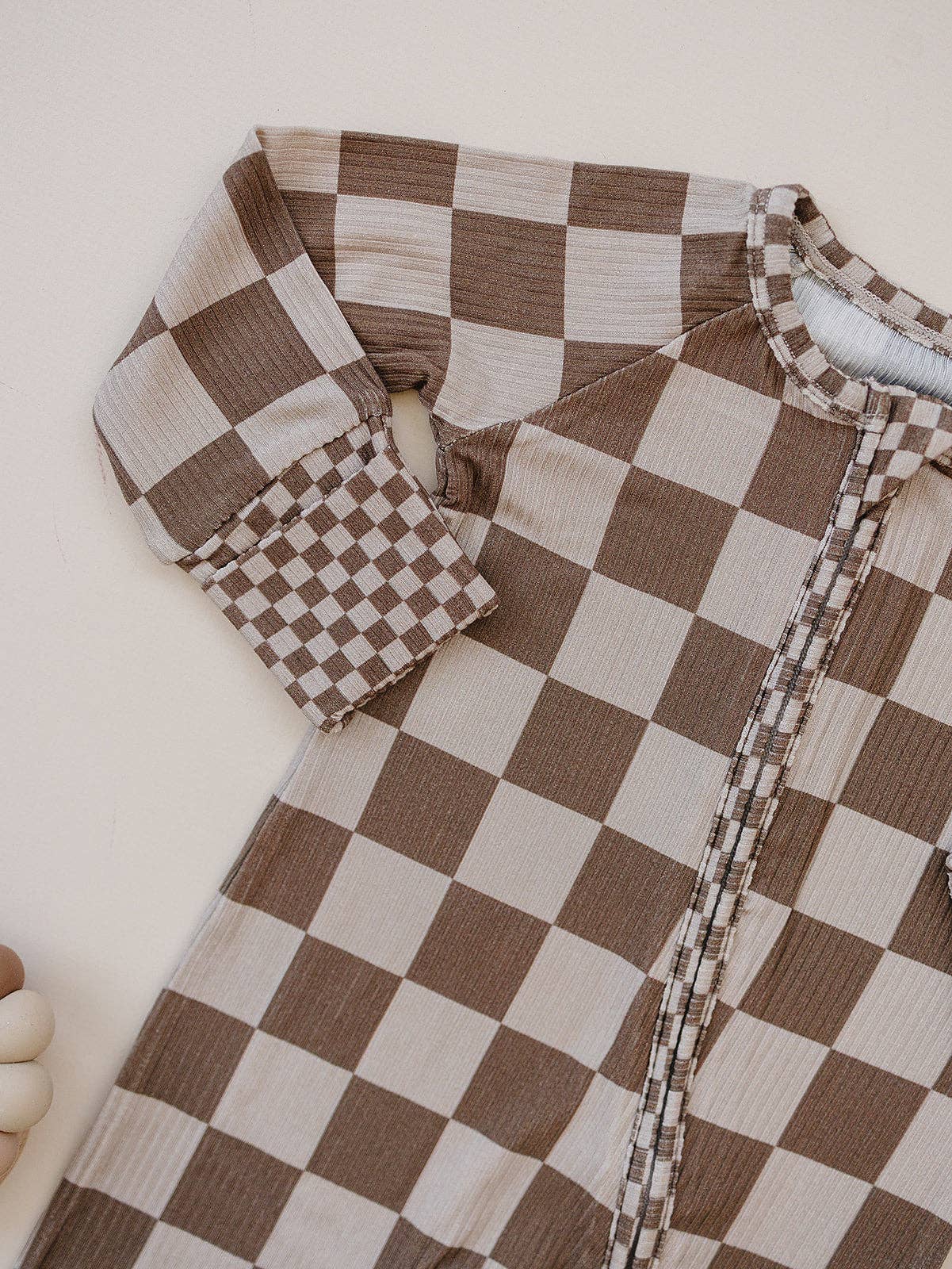 Ribbed Bamboo Zip Romper | Latte Checkered