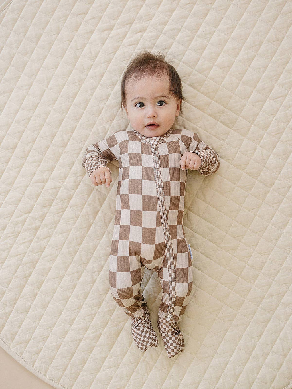 Ribbed Bamboo Zip Romper | Latte Checkered