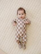Ribbed Bamboo Zip Romper | Latte Checkered